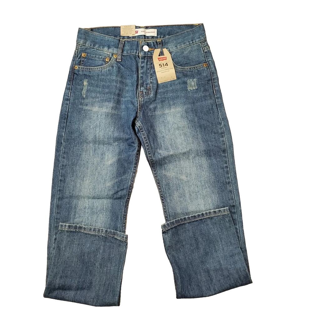 Levis 514 Straight Boys SZ 14 Reg 27 X 27 Med Wash Distressed Blue Jeans NWT